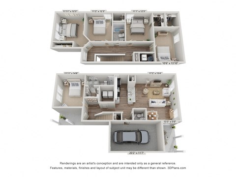 a 3d floor plan of a 3 bedroom apartment